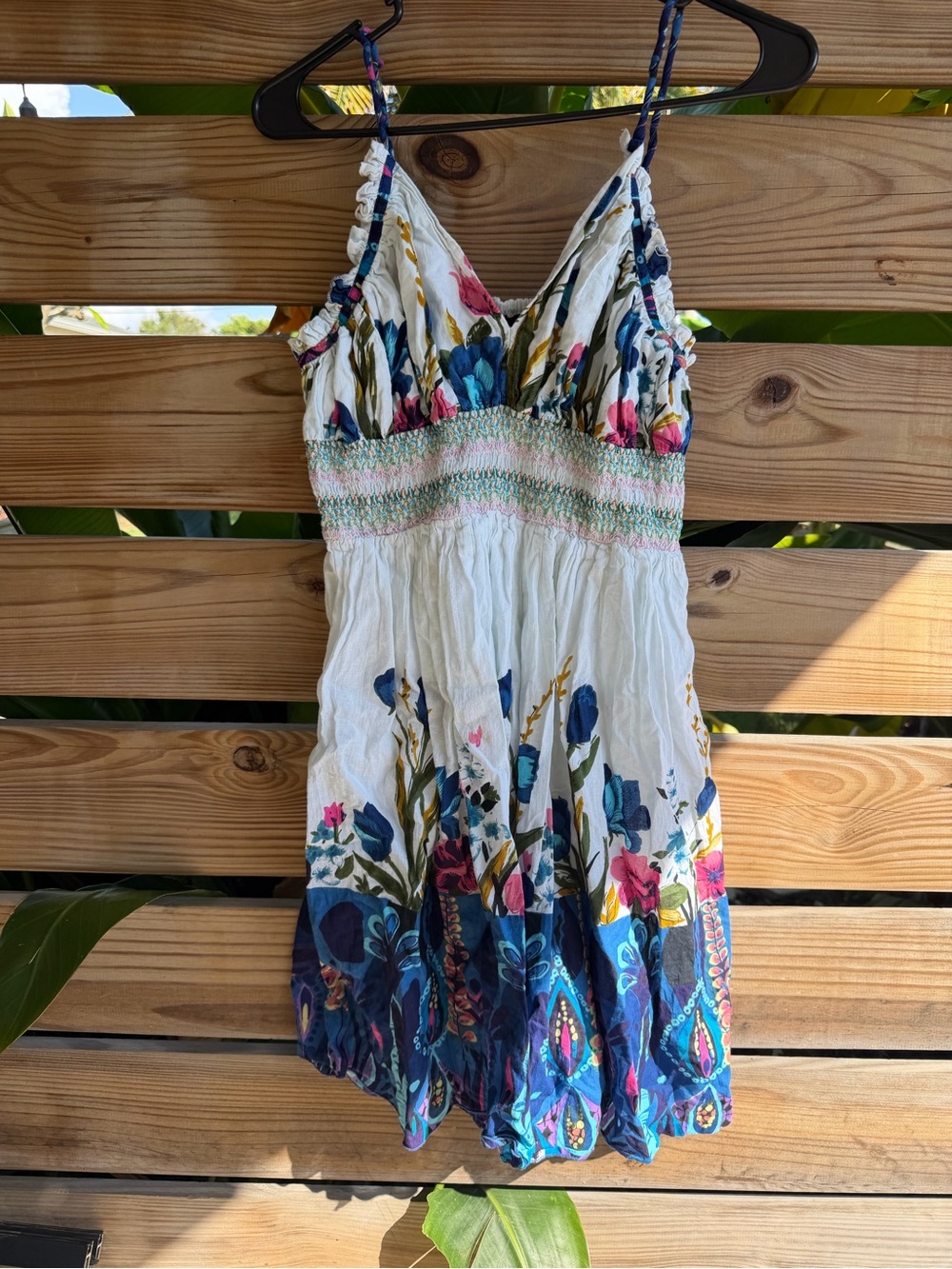 White Floral Smocked Summer Dress with Blue & Pink Accents